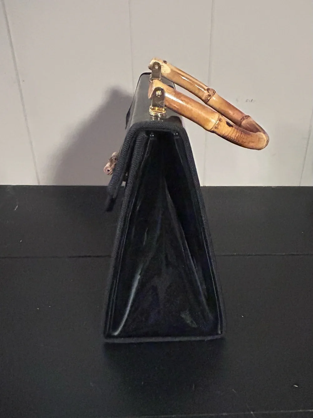 Black Patent Top-Handle Bag with Bamboo Accent